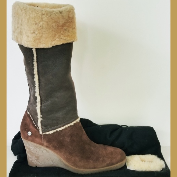 UGG Sandra 5451 Shearling Cuff Wedge Boot Chocolate size 8  Ugg SANDRA 5451 dark chocolate TALL wedge BOOTS